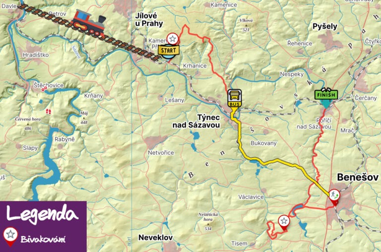 Mapa našeho výletu po Týnci a Benešově - Pohádkové výlety - turistický průvodce